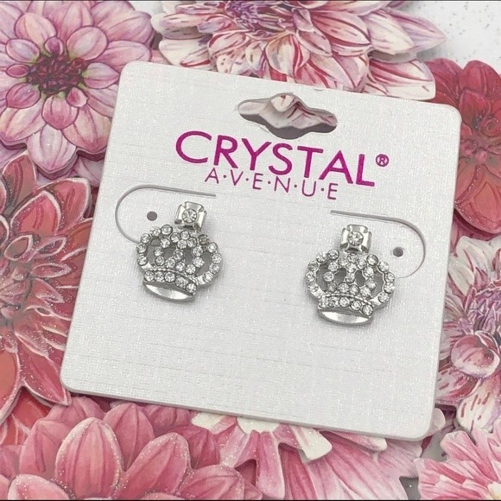 🌼 Mini Rhinestone Crown Silver Post Stud Queen Princess Earrings
